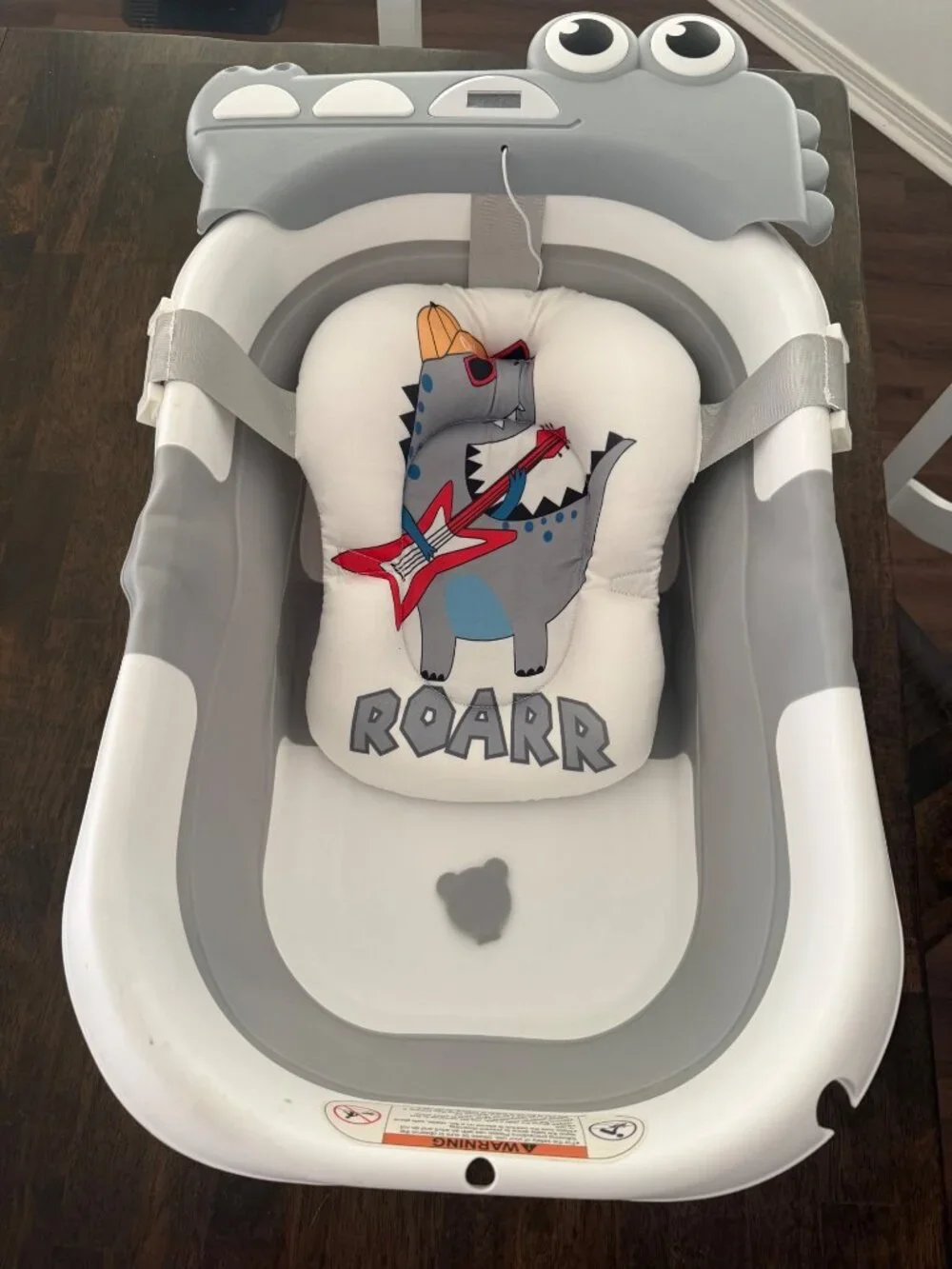 Foldable Baby Bath Tub With Dinosaur Cushion & Digital Thermometer - Gray & Whit